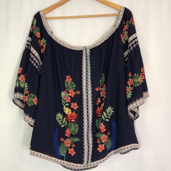 Flower & Feather Floral Chiffon Tunic/Blouse Off Shoulder Size 3XL - Picture 8 of 12
